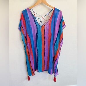 Palisades Beach Club Striped Tassel Swim Cover-Up Kaftan XS/S